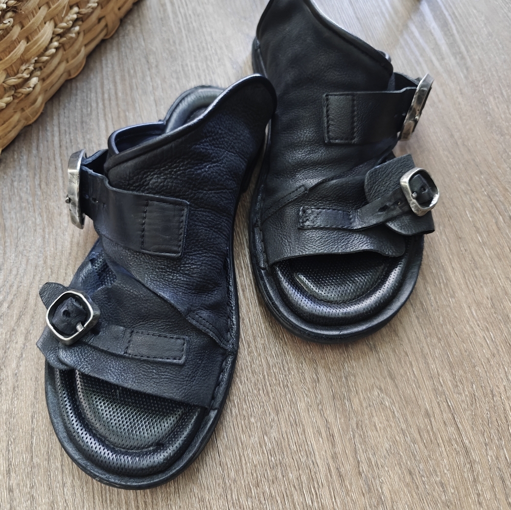 A.S. 98 Tavon Sandals - Black Leather Slide Sandals with Buckle Straps